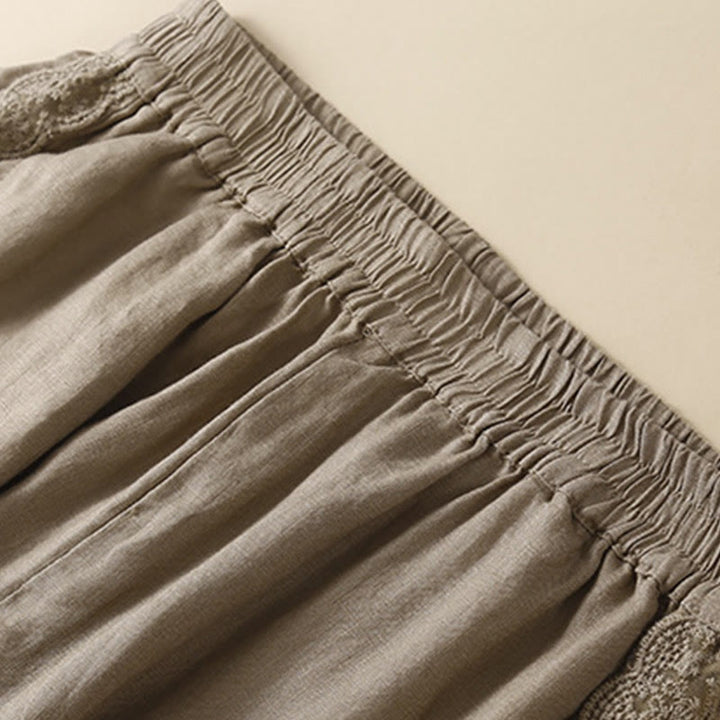 Pantalones de lino con bordado de flores en los laterales y bolsillos para mujer con Buddha Stones - image 2
