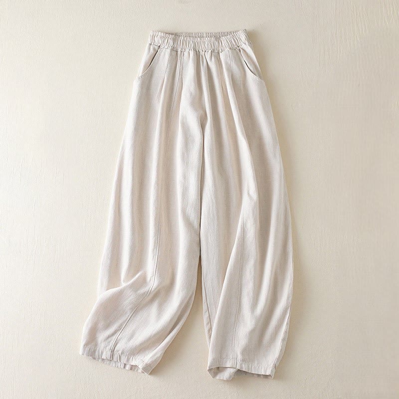 Pantalones de lino y algodón de color liso para mujer con bolsillos y Buddha Stones - Beige - US8-10，UK/AU12-14，EU40-42 (2XL) - image 8
