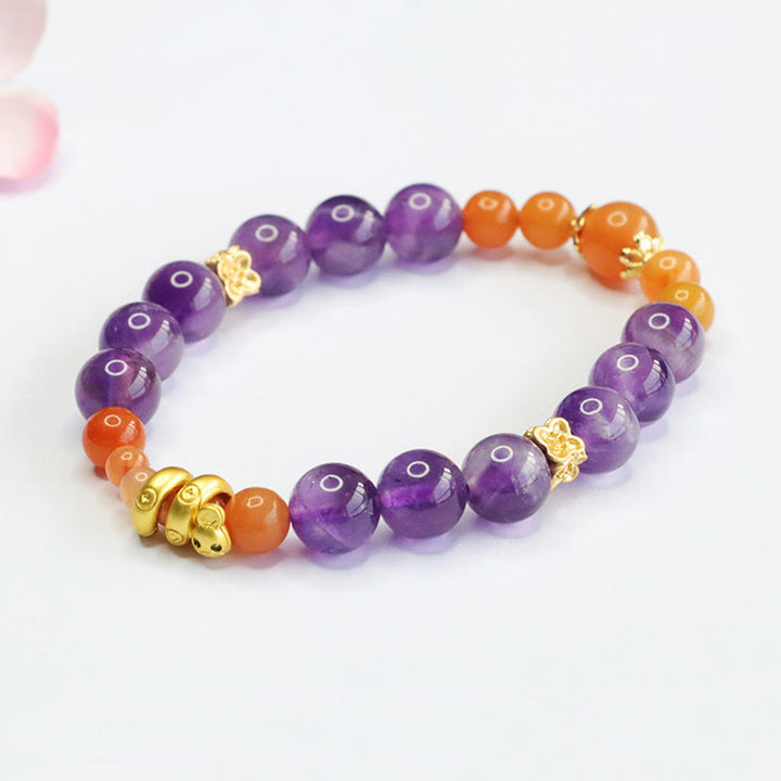 Pulsera de equilibrio del año de la serpiente con jade, seda dorada y amatista y Buddha Stones