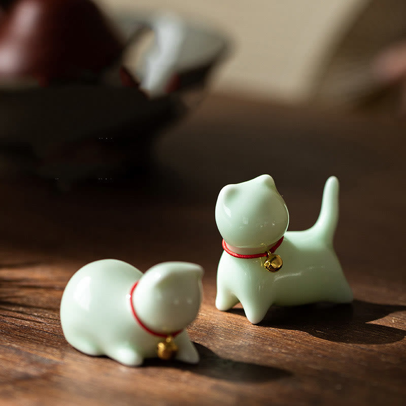Figura decorativa de cerámica para escritorio del hogar con forma de gato acostado de pie y Buddha Stones - image 1