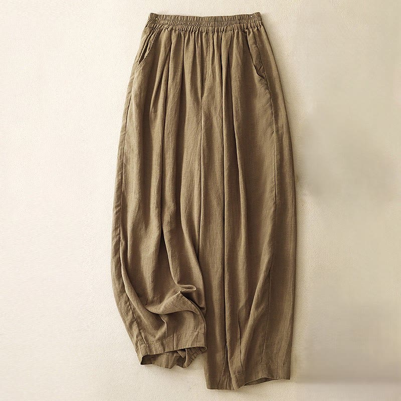Pantalones de lino y algodón con cintura elástica tipo zanahoria de color liso con Buddha Stones y bolsillos para mujer - Vara de oro oscura - US8-10，UK/AU12-14，EU40-42 (2XL) - image 0