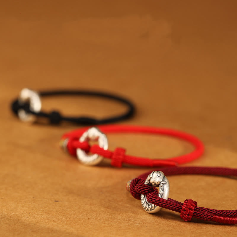 Pulsera de fuerza con moneda y hebilla de la paz de plata de ley 999 con hilo rojo y Buddha Stones del año de la serpiente