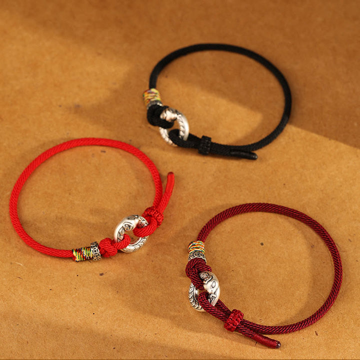 Pulsera de fuerza con moneda y hebilla de la paz de plata de ley 999 con hilo rojo y Buddha Stones del año de la serpiente