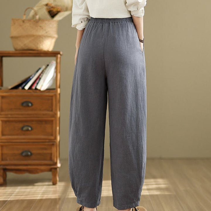Pantalones de lino y algodón con cintura elástica cónica de color liso informales para mujer con bolsillos y Buddha Stones - image 5