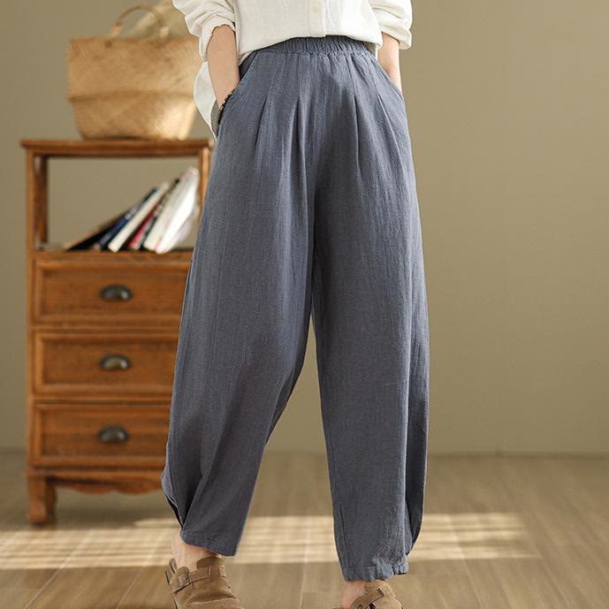 Pantalones de lino y algodón con cintura elástica cónica de color liso informales para mujer con bolsillos y Buddha Stones - Azul acero - US8-10，UK/AU12-14，EU40-42 (2XL) - image 0