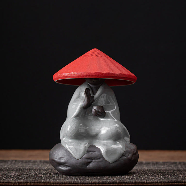 Colador de cerámica con forma de monje zen y piedras de Buddha Stones , accesorio para té, figurita decorativa para el hogar - Colador de sombrero rojo con diseño de grietas de 9 x 12,2 cm - image 24