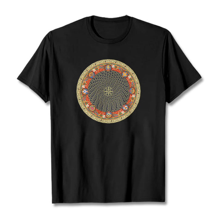 Camiseta de algodón con ocho símbolos auspiciosos y Buddha Stones en forma circular Om Mani Padme Hum - Negro - 2XL - image 4