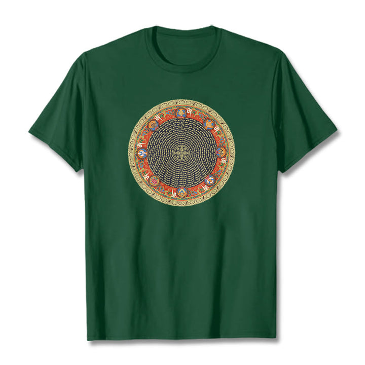 Camiseta de algodón con ocho símbolos auspiciosos y Buddha Stones en forma circular Om Mani Padme Hum - Verde bosque - 2XL - image 1