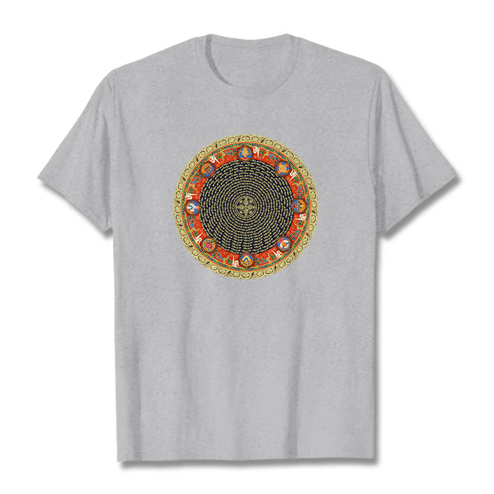 Camiseta de algodón con ocho símbolos auspiciosos y Buddha Stones en forma circular Om Mani Padme Hum - Gris claro - 2XL - image 0