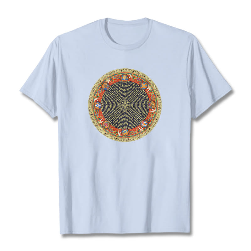 Camiseta de algodón con ocho símbolos auspiciosos y Buddha Stones en forma circular Om Mani Padme Hum - Cian claro - 2XL - image 8