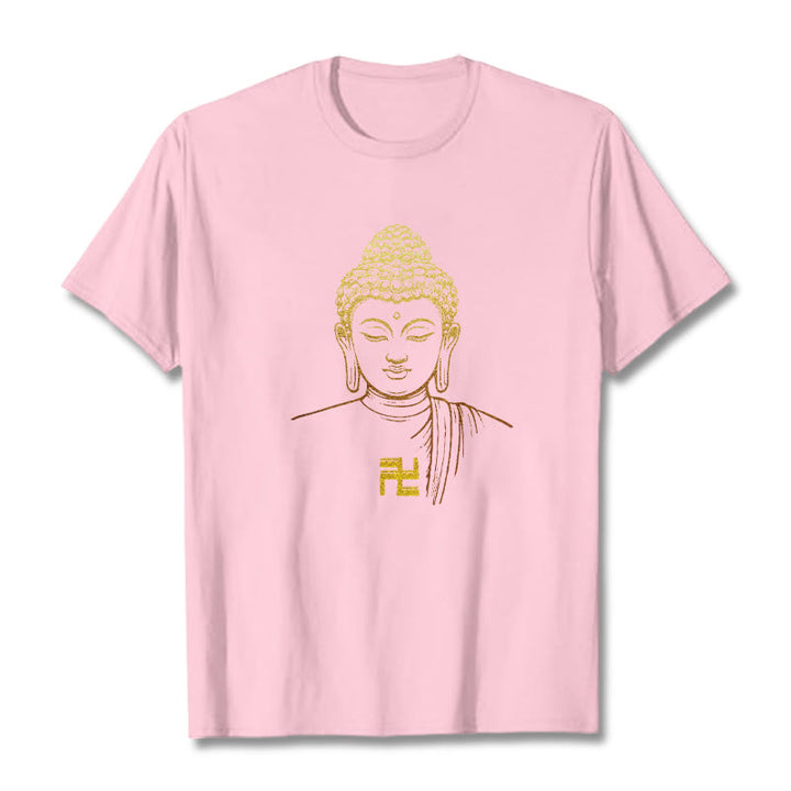Camiseta de algodón con estampado de esvástica y Buda dorado con Buddha Stones - rosa claro - 2XL - image 18