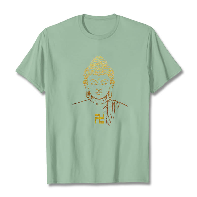 Camiseta de algodón con estampado de esvástica y Buda dorado con Buddha Stones - Verde pálido - 2XL - image 12