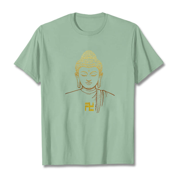Camiseta de algodón con estampado de esvástica y Buda dorado con Buddha Stones - Verde pálido - 2XL - image 12