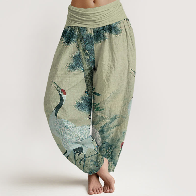 Pantalones harén con cintura elástica para mujer, estilo casual, con diseño de grulla de corona roja y pino en la montaña, con piedras de Buddha Stones - Verde mar oscuro - US22，UK/AU26，EU54 (6XL) - image 5