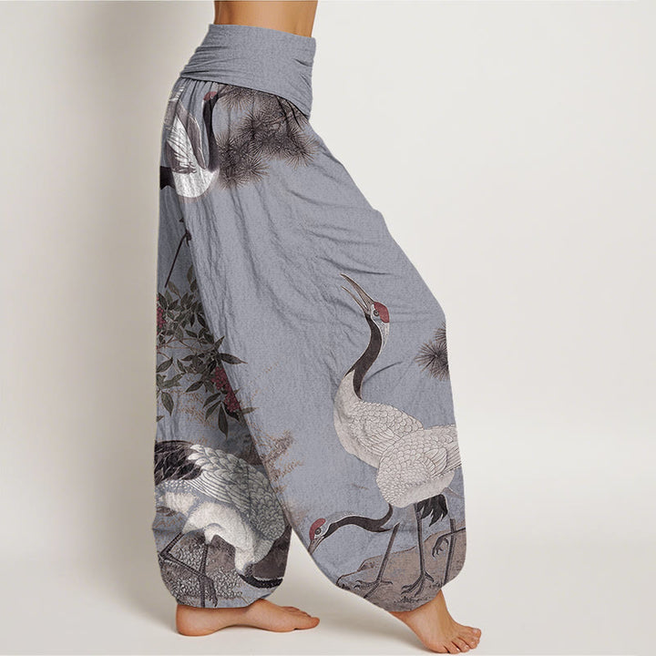 Pantalones harén con cintura elástica para mujer, estilo casual, con diseño de grulla de corona roja y pino en la montaña, con piedras de Buddha Stones - image 9