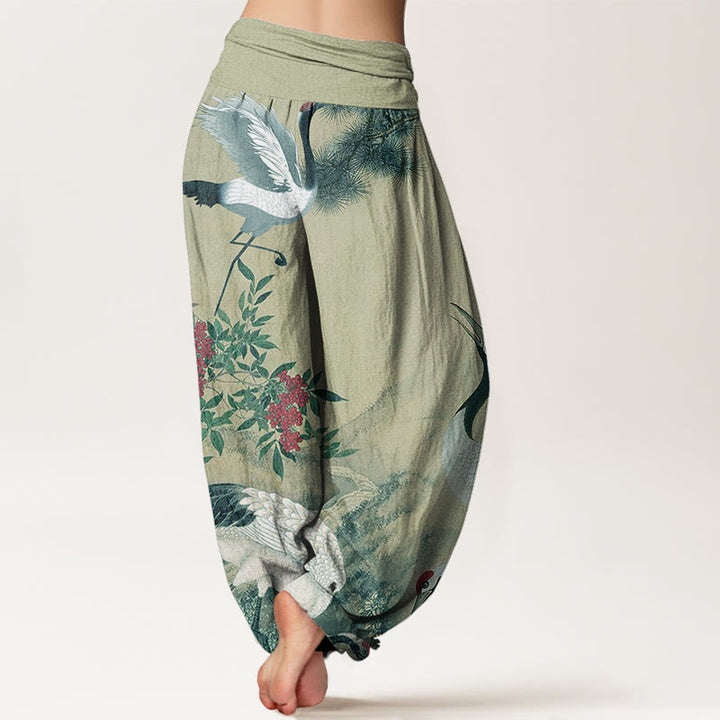 Pantalones harén con cintura elástica para mujer, estilo casual, con diseño de grulla de corona roja y pino en la montaña, con piedras de Buddha Stones - image 7