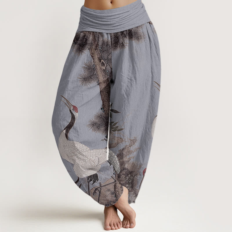 Pantalones harén con cintura elástica para mujer, estilo casual, con diseño de grulla de corona roja y pino en la montaña, con piedras de Buddha Stones - Azul acero claro - US22，UK/AU26，EU54 (6XL) - image 8