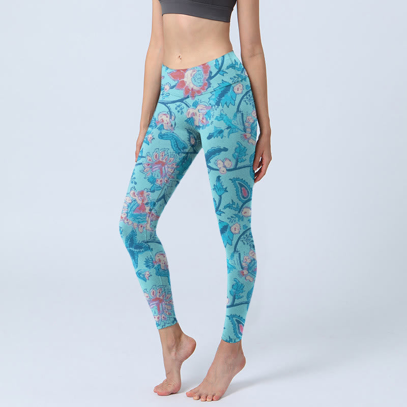 Leggings de yoga para mujer con estampado de hojas, flores y Buddha Stones en azul y rojo - Celeste - US18，UK/AU22，EU50 (4XL) - image 0