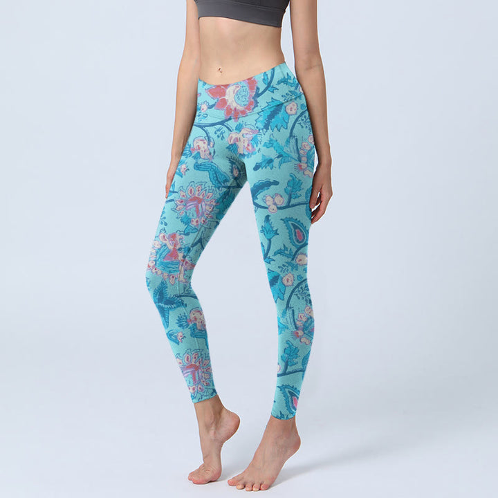 Leggings de yoga para mujer con estampado de hojas, flores y Buddha Stones en azul y rojo - Celeste - US18，UK/AU22，EU50 (4XL) - image 0