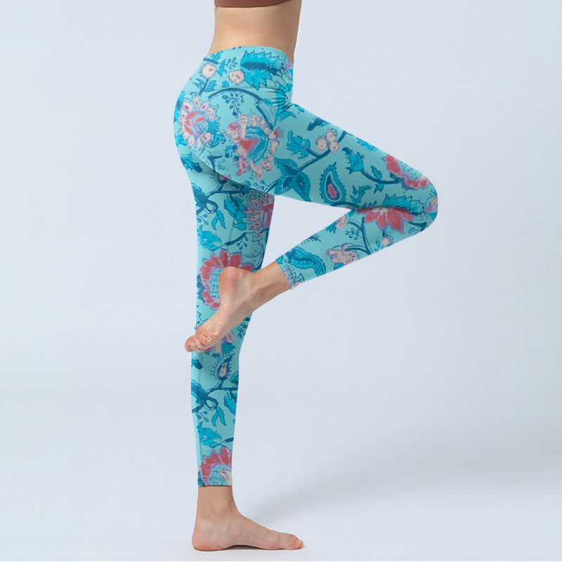 Leggings de yoga para mujer con estampado de hojas, flores y Buddha Stones en azul y rojo - image 3