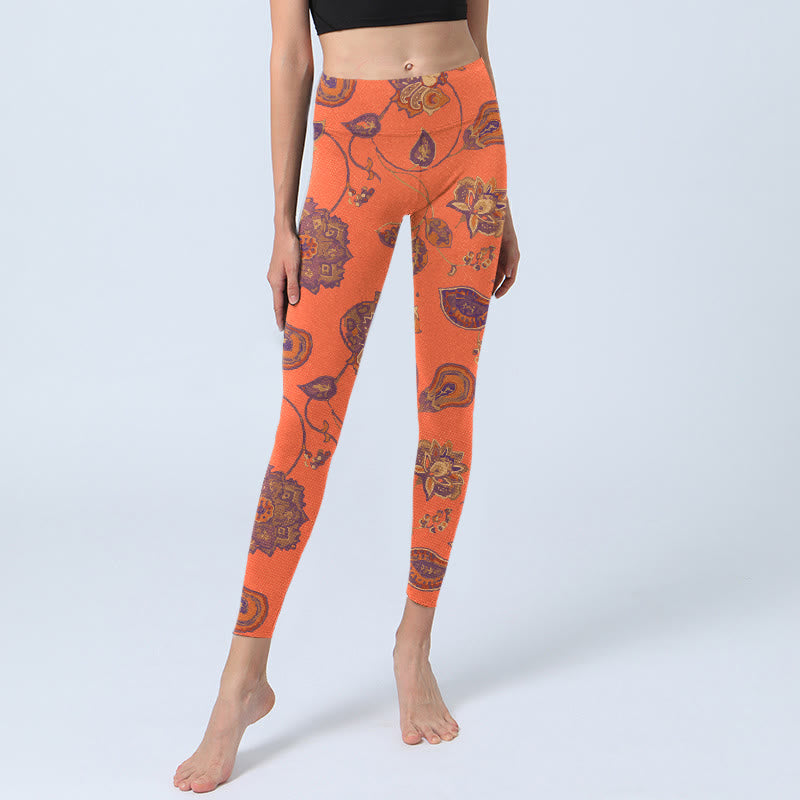 Leggings de yoga para mujer con estampado de flores, hojas de arce y naranja y piedras de Buddha Stones - image 6