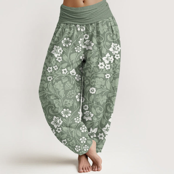Pantalones harén de cintura elástica para mujer con ramas entrelazadas y pequeñas flores y Buddha Stones - Verde mar oscuro - US22，UK/AU26，EU54 (6XL) - image 1