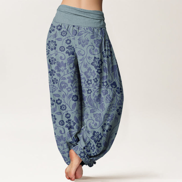 Pantalones harén de cintura elástica para mujer con ramas entrelazadas y pequeñas flores y Buddha Stones - image 10