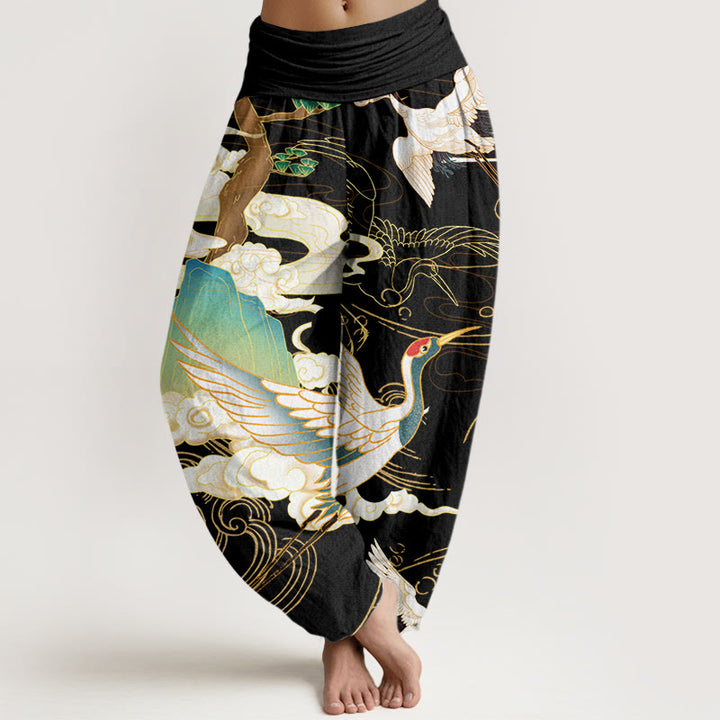 Pantalones bombachos de cintura elástica para mujer con estampado de Buddha Stones, grullas voladoras de algodón, nubes auspiciosas y árbol. - Negro - US22，UK/AU26，EU54 (6XL) - image 0
