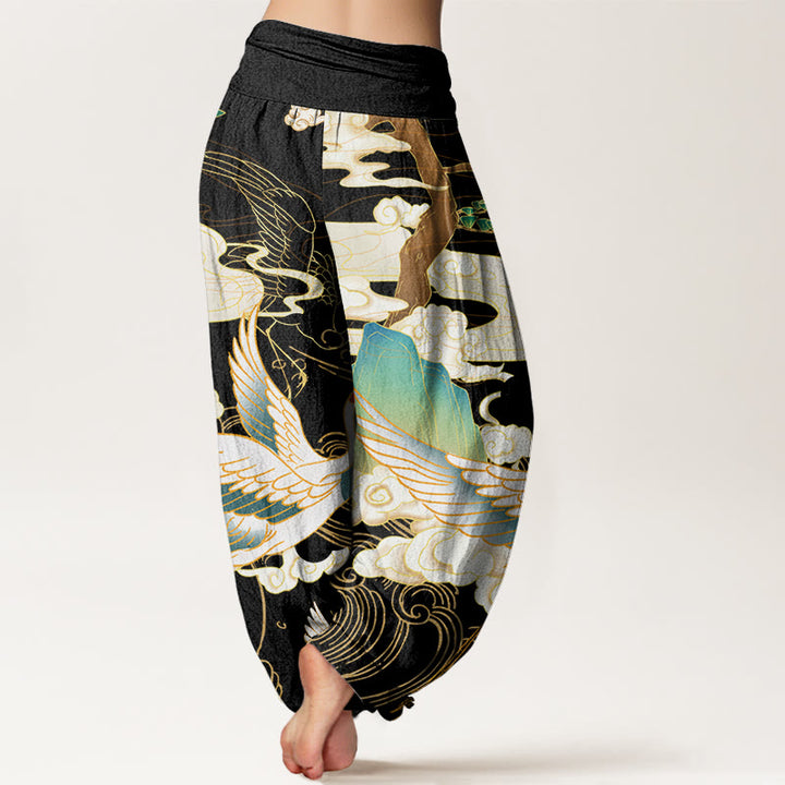 Pantalones harén de cintura elástica para mujer con diseño de grullas voladoras, árboles de nubes auspiciosas y Buddha Stones - image 3
