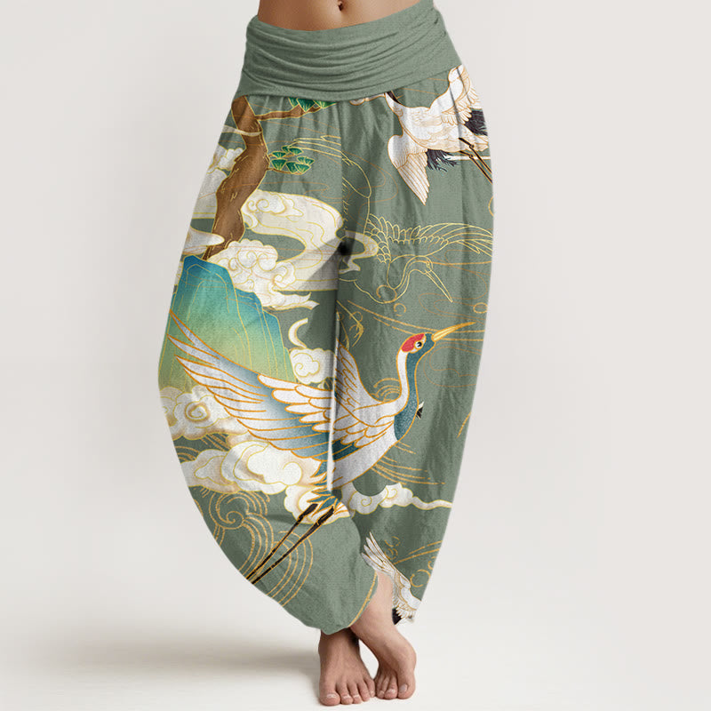 Pantalones bombachos de cintura elástica para mujer con estampado de Buddha Stones, grullas voladoras de algodón, nubes auspiciosas y árbol. - Verde mar oscuro - US22，UK/AU26，EU54 (6XL) - image 4