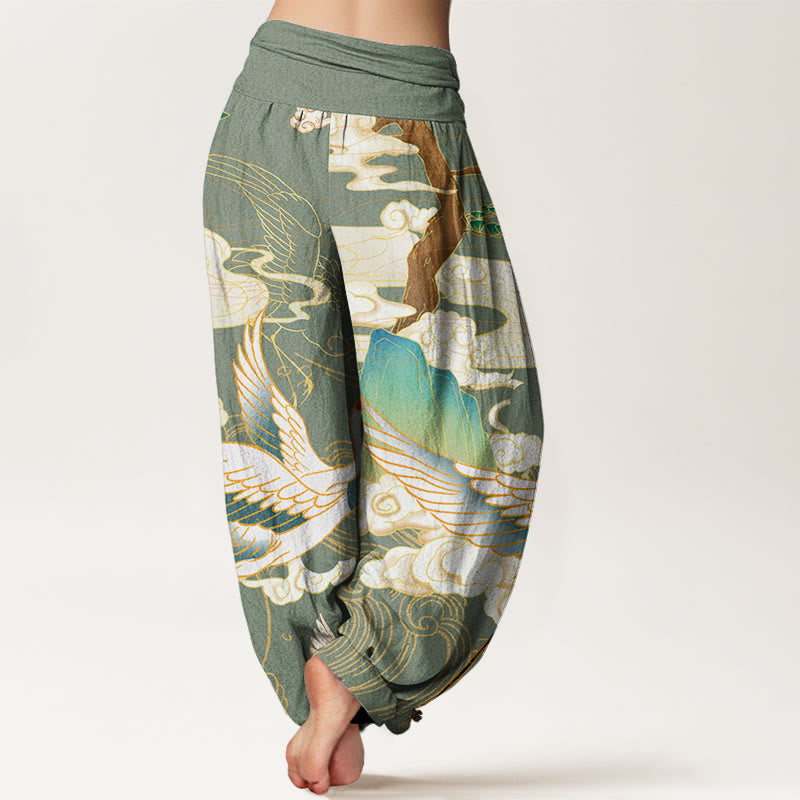 Pantalones bombachos de cintura elástica para mujer con estampado de Buddha Stones, grullas voladoras de algodón, nubes auspiciosas y árbol. - image 6