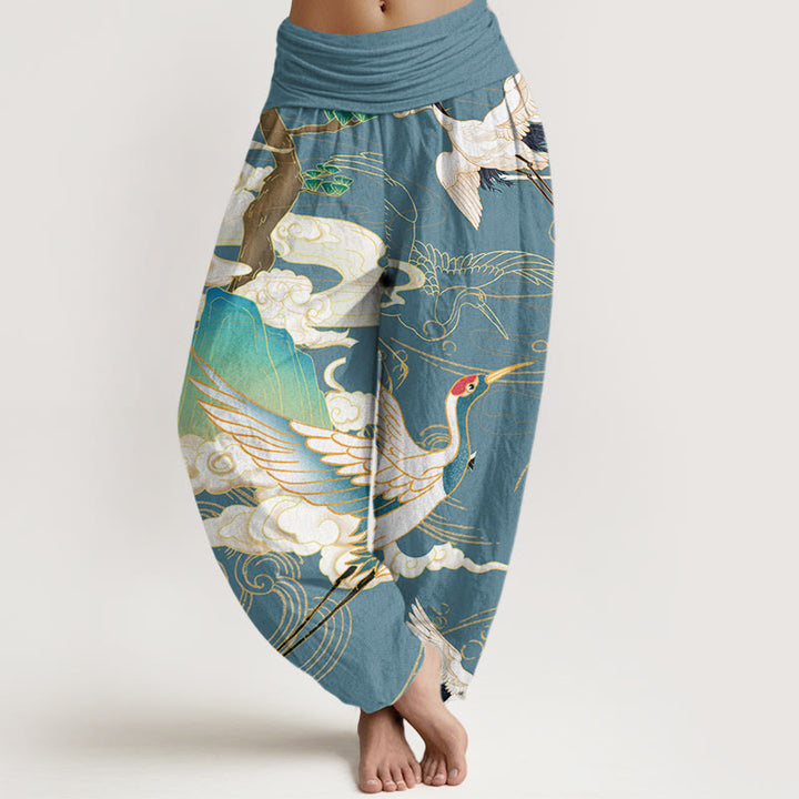 Pantalones bombachos de cintura elástica para mujer con estampado de Buddha Stones, grullas voladoras de algodón, nubes auspiciosas y árbol. - Azul cadete - US22，UK/AU26，EU54 (6XL) - image 7