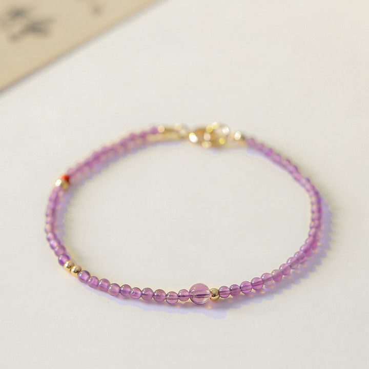 Pulsera de meditación de paz interior con Buddha Stones ultrafinas de 2 mm y amatista natural bañada en oro de 14 k y cobre