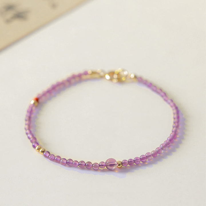 Pulsera de meditación de paz interior con Buddha Stones ultrafinas de 2 mm y amatista natural bañada en oro de 14 k y cobre