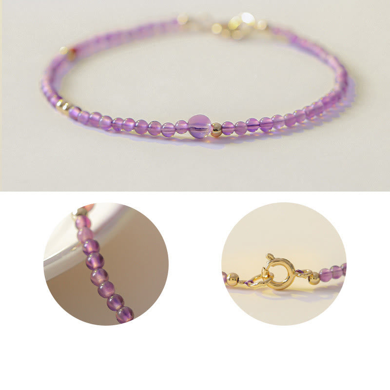 Pulsera de meditación de paz interior con Buddha Stones ultrafinas de 2 mm y amatista natural bañada en oro de 14 k y cobre