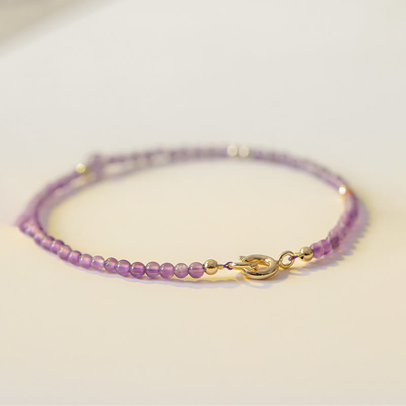 Pulsera de meditación de paz interior con Buddha Stones ultrafinas de 2 mm y amatista natural bañada en oro de 14 k y cobre