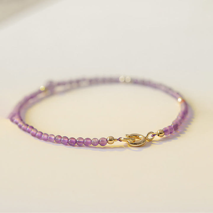 Pulsera de meditación de paz interior con Buddha Stones ultrafinas de 2 mm y amatista natural bañada en oro de 14 k y cobre