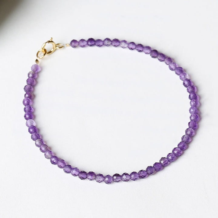 Pulsera de conciencia espiritual de cobre bañado en oro de 14 k con cuentas ultrafinas de amatista natural de 3 mm y Buddha Stones