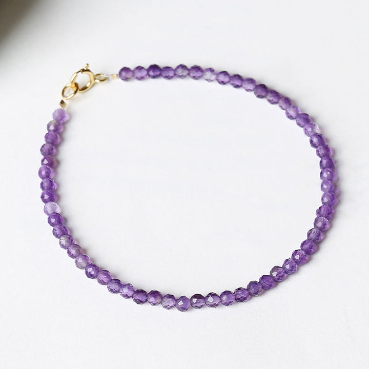 Pulsera de conciencia espiritual de cobre bañado en oro de 14 k con cuentas ultrafinas de amatista natural de 3 mm y Buddha Stones