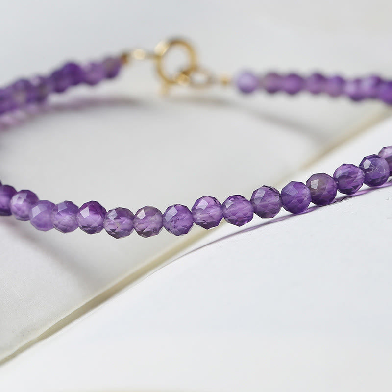 Pulsera de conciencia espiritual de cobre bañado en oro de 14 k con cuentas ultrafinas de amatista natural de 3 mm y Buddha Stones