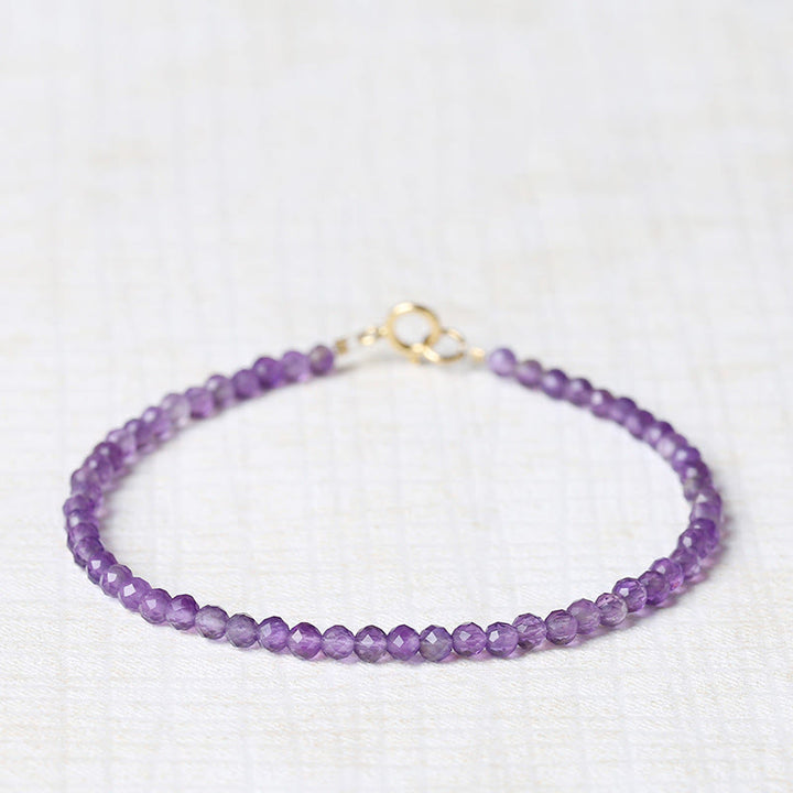 Pulsera de conciencia espiritual de cobre bañado en oro de 14 k con cuentas ultrafinas de amatista natural de 3 mm y Buddha Stones