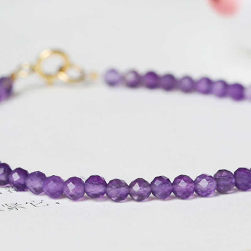 Pulsera de conciencia espiritual de cobre bañado en oro de 14 k con cuentas ultrafinas de amatista natural de 3 mm y Buddha Stones