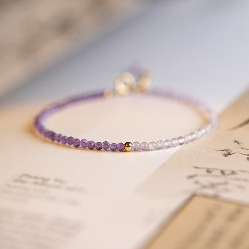Pulsera de paz interior de cobre bañada en oro de 14 k con cuentas ultrafinas de amatista natural de 2,5 mm y Buddha Stones