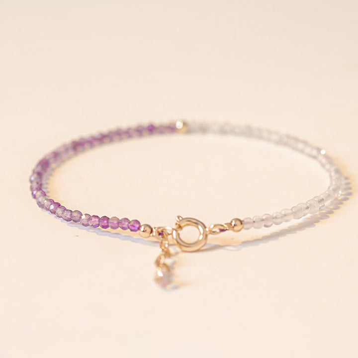 Pulsera de paz interior de cobre bañada en oro de 14 k con cuentas ultrafinas de amatista natural de 2,5 mm y Buddha Stones