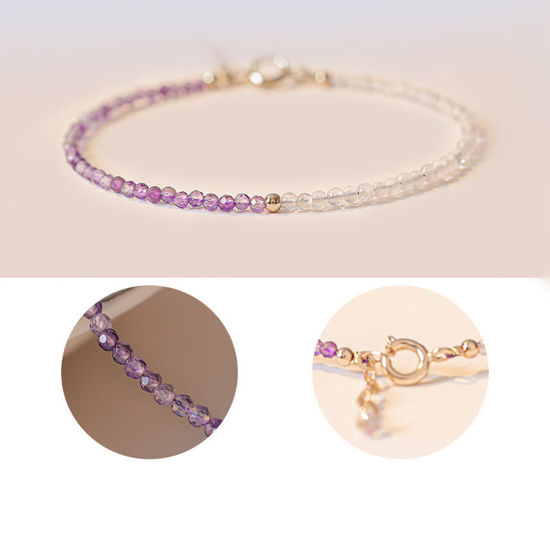 Pulsera de paz interior de cobre bañada en oro de 14 k con cuentas ultrafinas de amatista natural de 2,5 mm y Buddha Stones