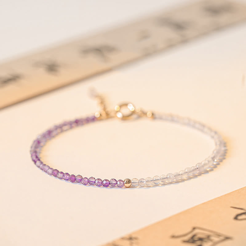 Pulsera de paz interior de cobre bañada en oro de 14 k con cuentas ultrafinas de amatista natural de 2,5 mm y Buddha Stones