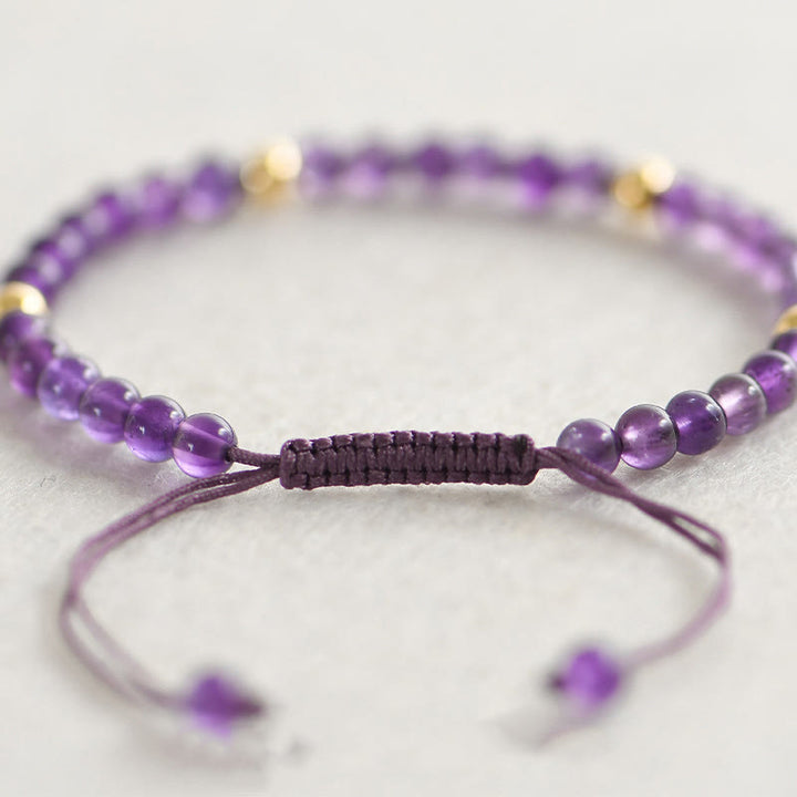 Pulsera trenzada con cuentas de cobre bañadas en oro de 14 k y amatista natural hecha a mano de 4 mm con Buddha Stones que alivia el estrés