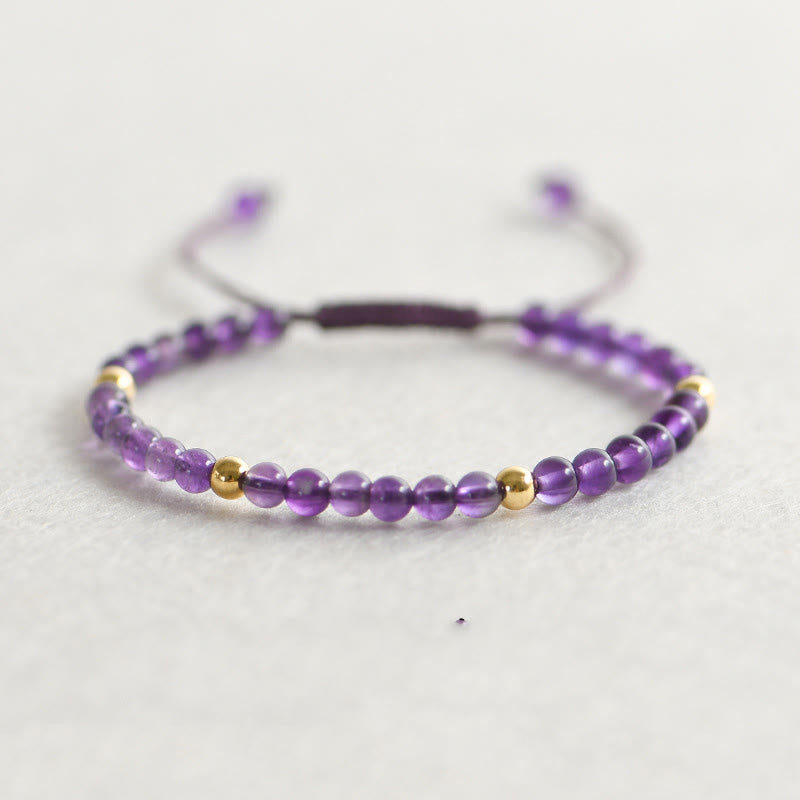 Pulsera trenzada con cuentas de cobre bañadas en oro de 14 k y amatista natural hecha a mano de 4 mm con Buddha Stones que alivia el estrés