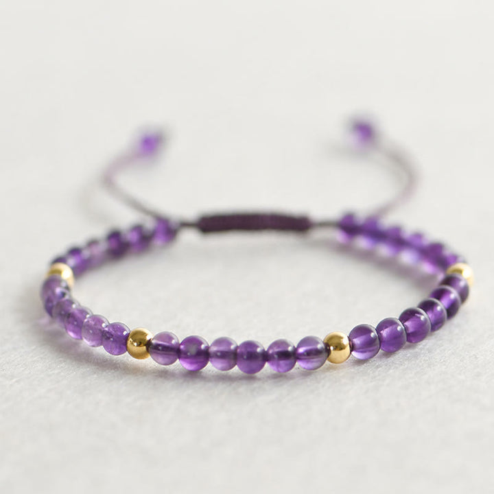 Pulsera trenzada con cuentas de cobre bañadas en oro de 14 k y amatista natural hecha a mano de 4 mm con Buddha Stones que alivia el estrés