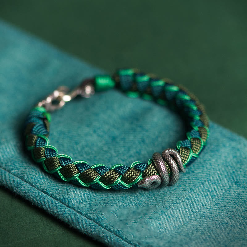 Pulsera trenzada protectora de hilo de plata de ley 999 con Buddha Stones y año de la serpiente - Cuerda verde y negra - 21 cm - image 0